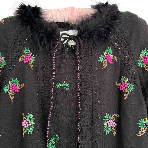 Vintage Cardigan with Beaded Grapes and Black Feather Collar Black + Purple S - Picture 3 of 8